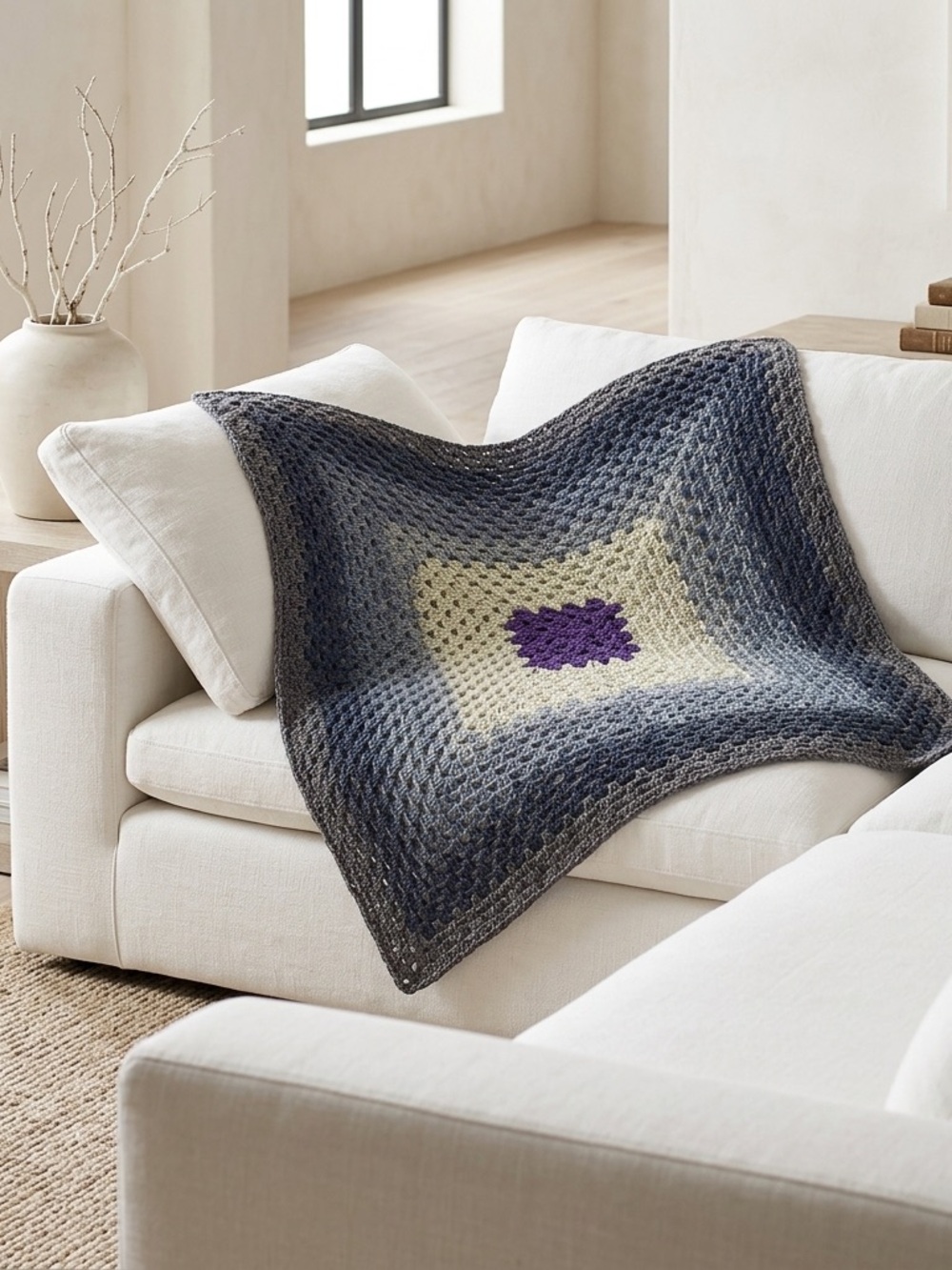 Handmade Crochet Throw Blanket Granny Square Afghan Purple Blue Grey 33x33